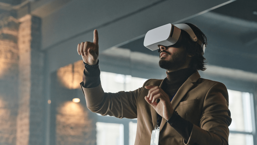 a person in a suit is wearing a virtual reality headset