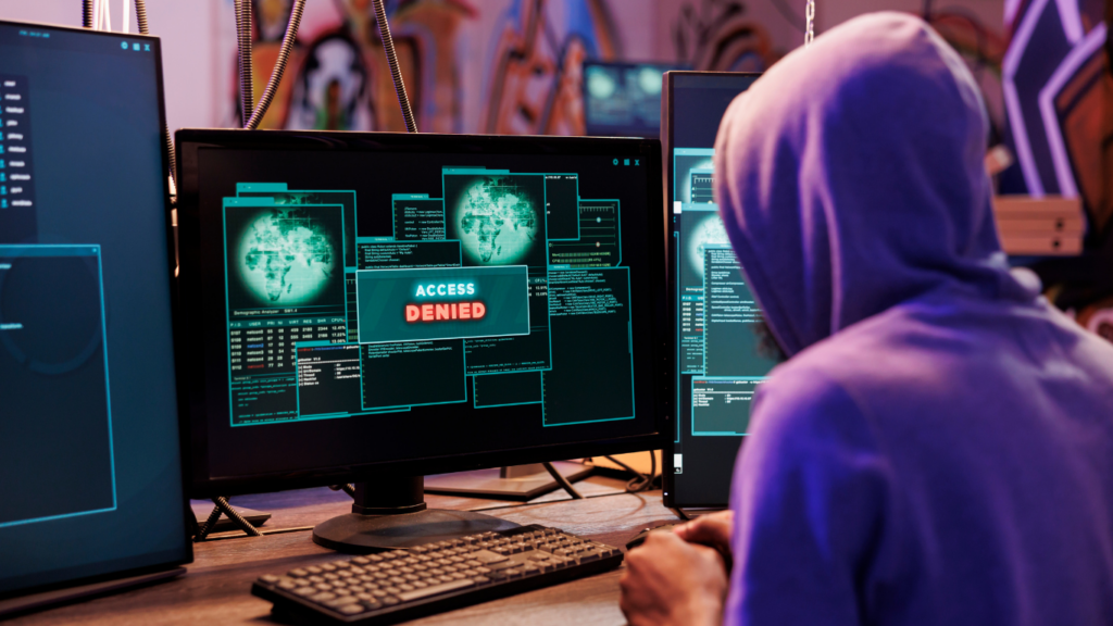 a person wearing a hoodie is sitting in front of three computer screens