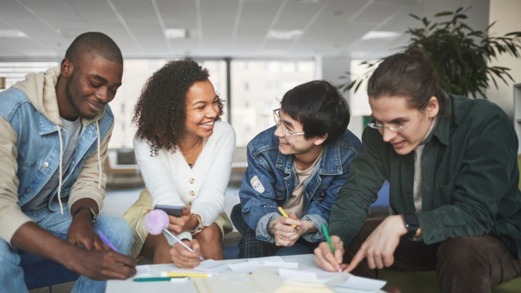 a group of people studying